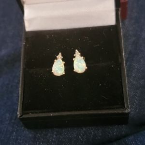 WHITE Opal & Diamond Accent Stud Earrings